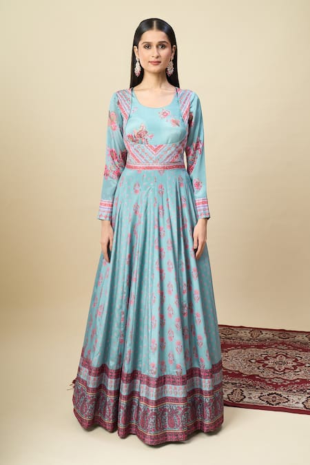 Shop_Alaya Advani_Blue Silk Satin Embroidery, Tassels Round Printed Anarkali With Paisley Dupatta 