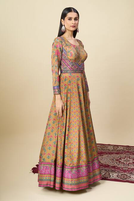 Alaya Advani_Gold Silk Satin Embroidery Round Neck Floral Print And Yoke Anarkali _Online_at_Aza_Fashions