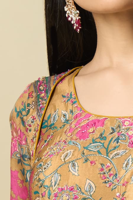 Buy_Alaya Advani_Gold Silk Satin Embroidery Round Neck Floral Print And Yoke Anarkali _Online_at_Aza_Fashions