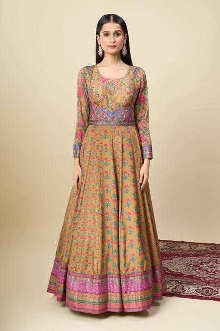 Shop_Alaya Advani_Gold Silk Satin Embroidery Round Neck Floral Print And Yoke Anarkali _Online_at_Aza_Fashions