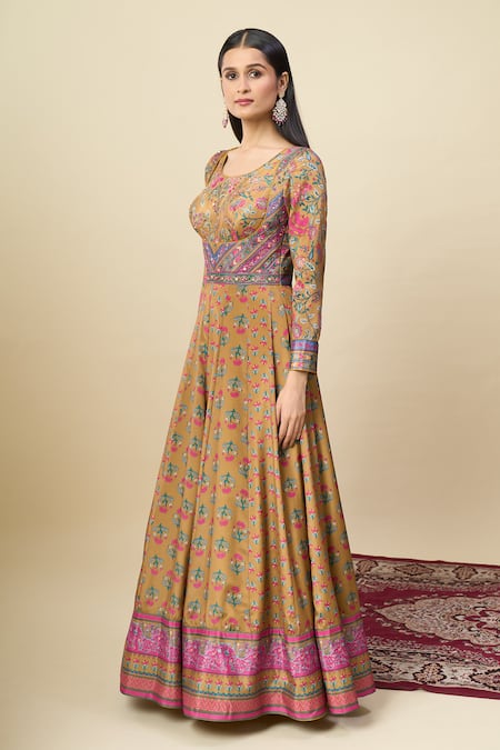 Alaya Advani_Gold Silk Satin Embroidery Round Neck Floral Print And Yoke Anarkali _at_Aza_Fashions