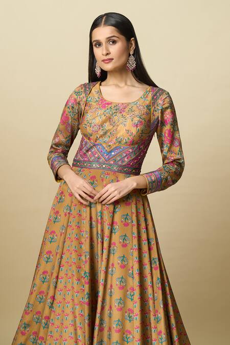 Buy_Alaya Advani_Gold Silk Satin Embroidery Round Neck Floral Print And Yoke Anarkali 