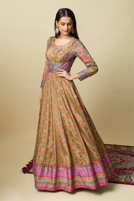 Shop_Alaya Advani_Gold Silk Satin Embroidery Round Neck Floral Print And Yoke Anarkali 
