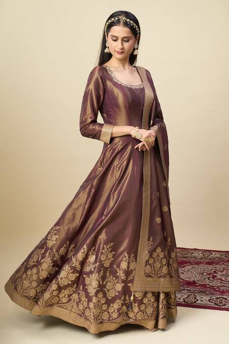 Buy_Alaya Advani_Wine Georgette Embroidery, Zari Scoop Neck Shimmer Anarkali With Butti Dupatta _Online_at_Aza_Fashions