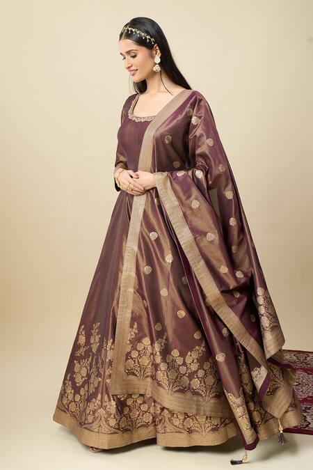 Shop_Alaya Advani_Wine Georgette Embroidery, Zari Scoop Neck Shimmer Anarkali With Butti Dupatta _Online_at_Aza_Fashions