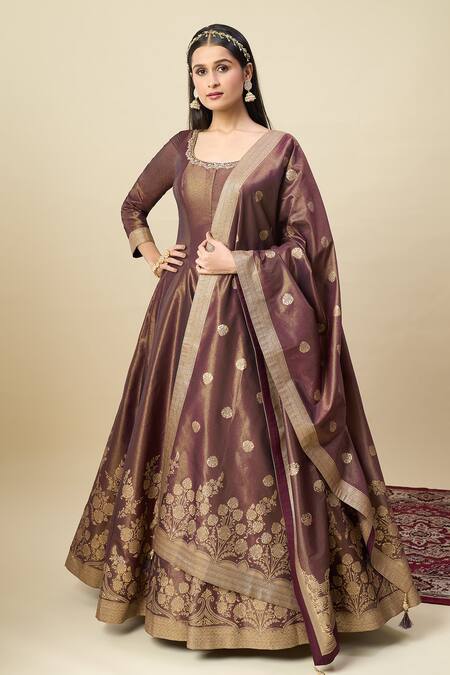 Buy_Alaya Advani_Wine Georgette Embroidery, Zari Scoop Neck Shimmer Anarkali With Butti Dupatta 
