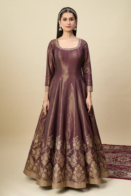 Shop_Alaya Advani_Wine Georgette Embroidery, Zari Scoop Neck Shimmer Anarkali With Butti Dupatta 