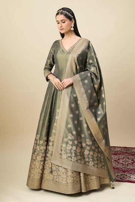 Shop_Alaya Advani_Gray Georgette Embroidery, Zari Shimmer Anarkali With Floral Butti Dupatta _Online_at_Aza_Fashions