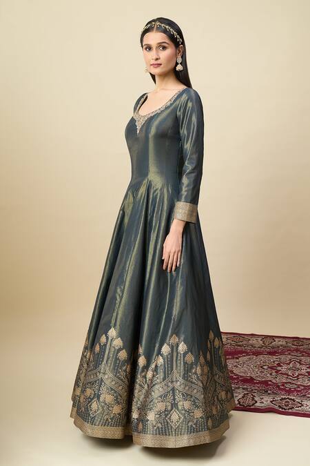 Buy_Alaya Advani_Blue Georgette Embroidery, Zari Scoop Neck Shimmer Anarkali With Floral Dupatta _Online_at_Aza_Fashions