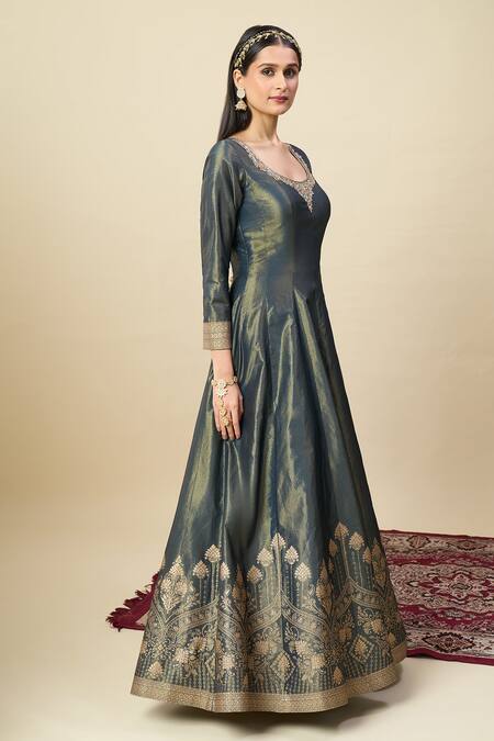 Shop_Alaya Advani_Blue Georgette Embroidery, Zari Scoop Neck Shimmer Anarkali With Floral Dupatta _Online_at_Aza_Fashions