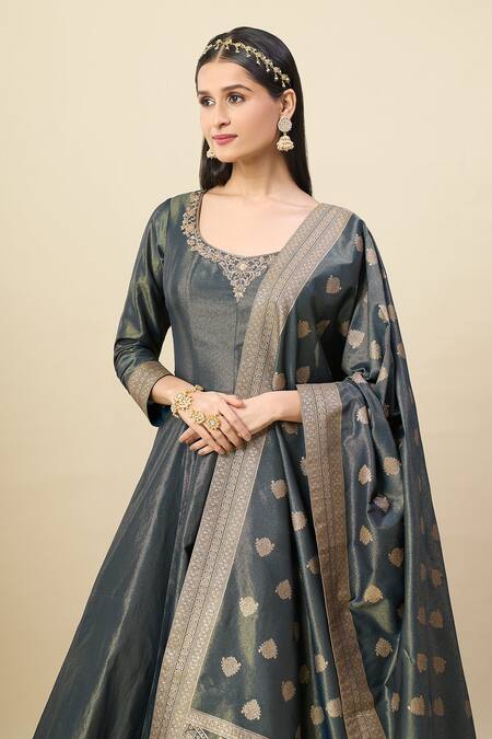 Alaya Advani_Blue Georgette Embroidery, Zari Scoop Neck Shimmer Anarkali With Floral Dupatta _at_Aza_Fashions