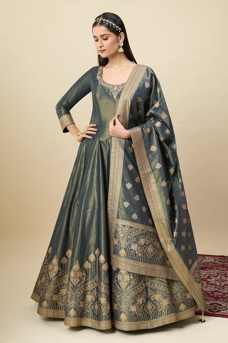 Buy_Alaya Advani_Blue Georgette Embroidery, Zari Scoop Neck Shimmer Anarkali With Floral Dupatta 