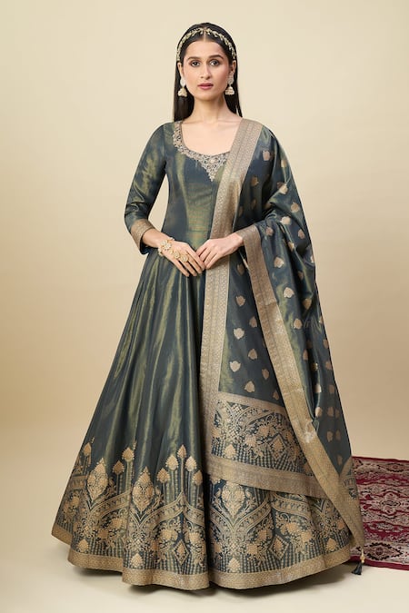 Alaya Advani Blue Georgette Embroidery, Zari Scoop Neck Shimmer Anarkali With Floral Dupatta 