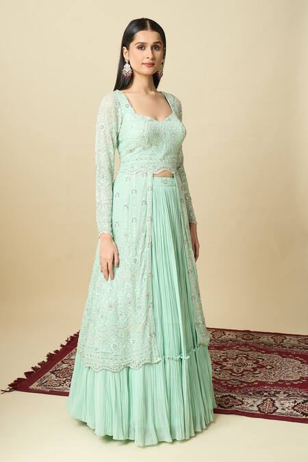 Alaya Advani_Green Crepe Embroidery, Sequins, Tassels Square Neck Kurta Gathered Lehenga Set _Online_at_Aza_Fashions