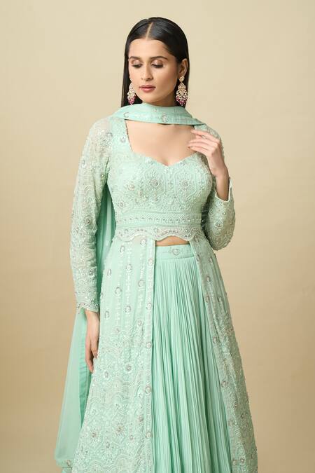 Buy_Alaya Advani_Green Crepe Embroidery, Sequins, Tassels Square Neck Kurta Gathered Lehenga Set _Online_at_Aza_Fashions