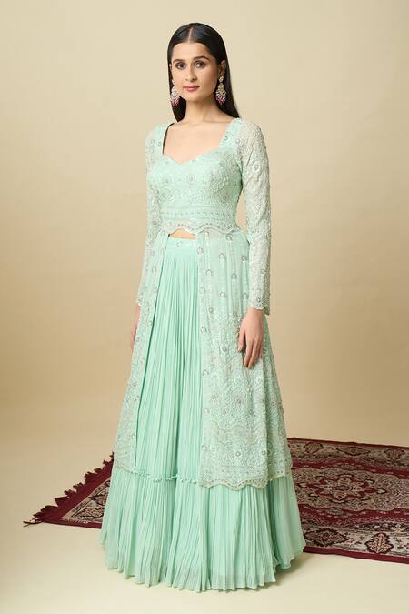 Shop_Alaya Advani_Green Crepe Embroidery, Sequins, Tassels Square Neck Kurta Gathered Lehenga Set _Online_at_Aza_Fashions