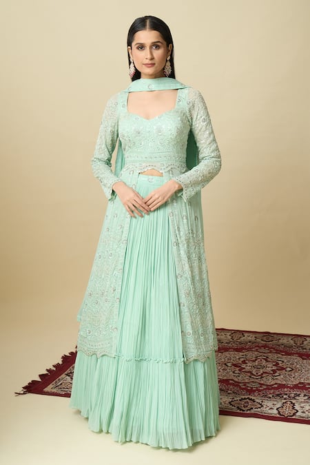 Alaya Advani Green Crepe Embroidery, Sequins, Tassels Square Neck Kurta Gathered Lehenga Set 