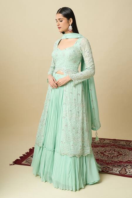 Alaya Advani_Green Crepe Embroidery, Sequins, Tassels Square Neck Kurta Gathered Lehenga Set _at_Aza_Fashions