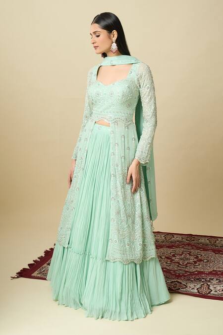 Buy_Alaya Advani_Green Crepe Embroidery, Sequins, Tassels Square Neck Kurta Gathered Lehenga Set 