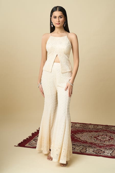 Shop_Alaya Advani_Off White Crepe Embroidery, Sequins Square Neck Hand Top And Sharara Set _Online_at_Aza_Fashions