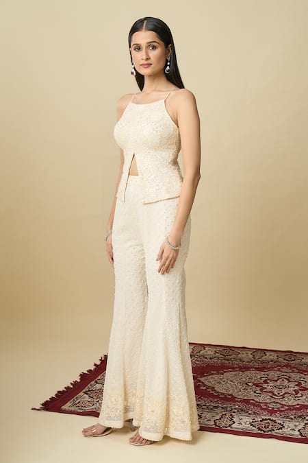 Alaya Advani_Off White Crepe Embroidery, Sequins Square Neck Hand Top And Sharara Set _at_Aza_Fashions