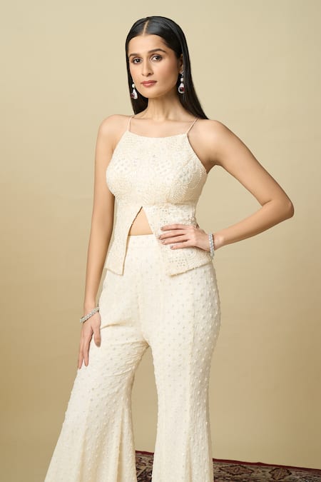 Buy_Alaya Advani_Off White Crepe Embroidery, Sequins Square Neck Hand Top And Sharara Set 