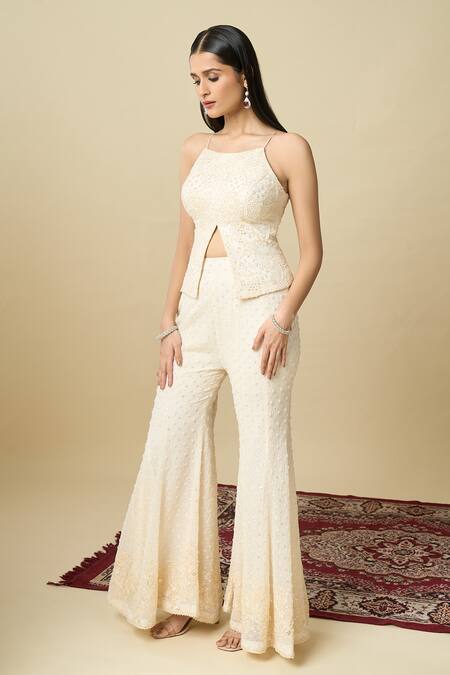 Shop_Alaya Advani_Off White Crepe Embroidery, Sequins Square Neck Hand Top And Sharara Set 