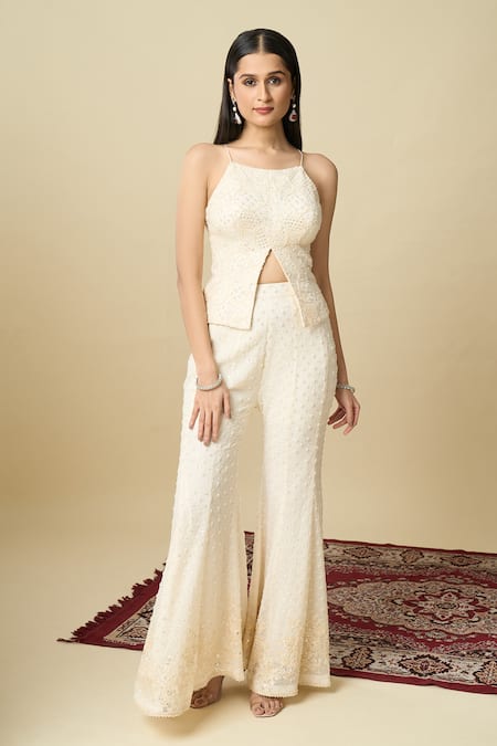 Alaya Advani Off White Crepe Embroidery, Sequins Square Neck Hand Top And Sharara Set 