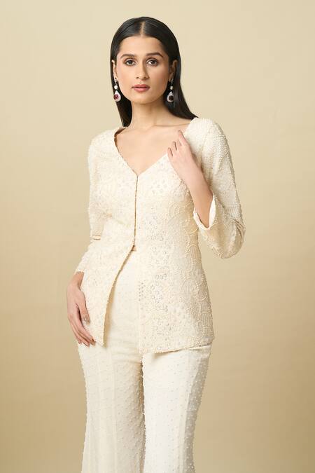 Alaya Advani_Off White Crepe Embroidery V-neck Hand Top And Sharara Set _Online_at_Aza_Fashions