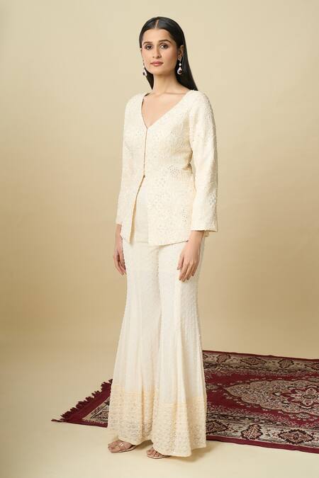 Buy_Alaya Advani_Off White Crepe Embroidery V-neck Hand Top And Sharara Set _Online_at_Aza_Fashions