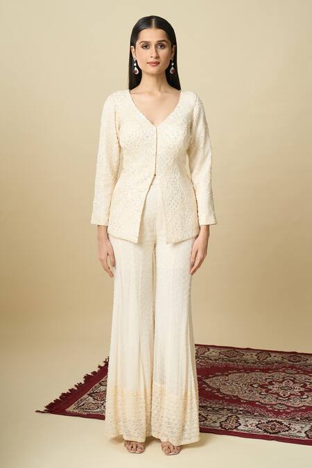 Alaya Advani_Off White Crepe Embroidery V-neck Hand Top And Sharara Set _at_Aza_Fashions