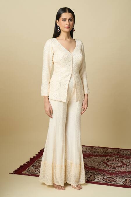 Buy_Alaya Advani_Off White Crepe Embroidery V-neck Hand Top And Sharara Set 