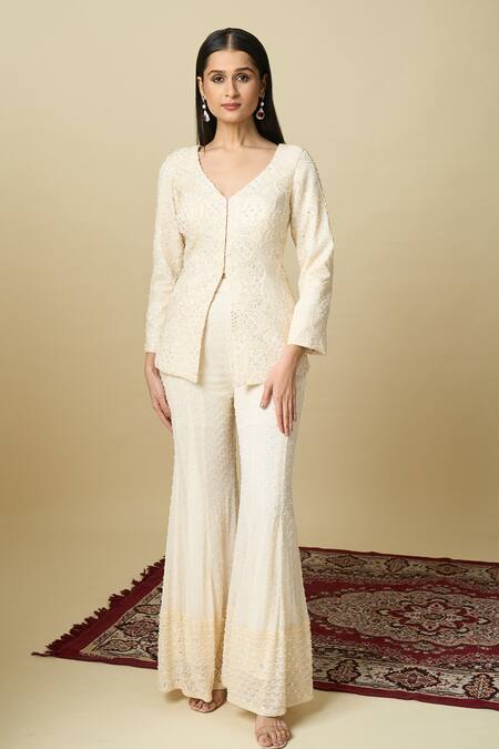 Shop_Alaya Advani_Off White Crepe Embroidery V-neck Hand Top And Sharara Set 