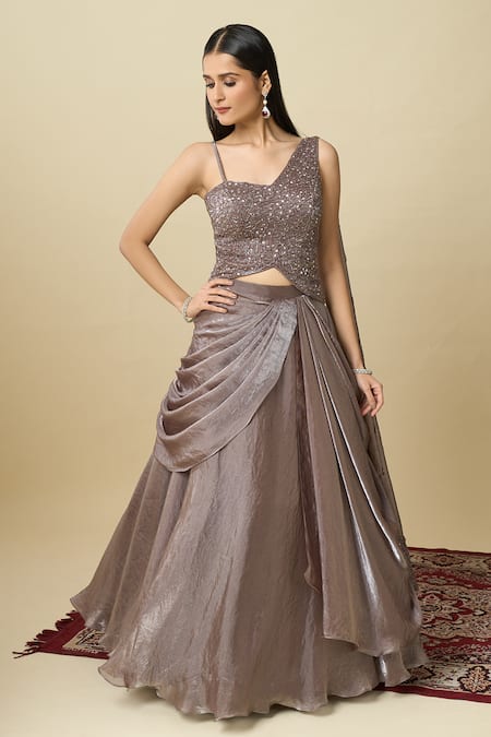 Alaya Advani_Purple Crepe Embroidery, Sequins One Shoulder Blouse And Draped Lehenga Set _Online_at_Aza_Fashions