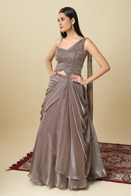 Buy_Alaya Advani_Purple Crepe Embroidery, Sequins One Shoulder Blouse And Draped Lehenga Set _Online_at_Aza_Fashions