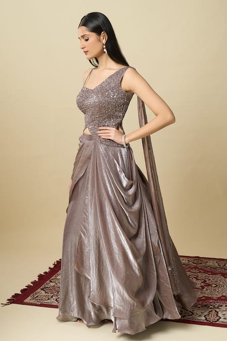 Shop_Alaya Advani_Purple Crepe Embroidery, Sequins One Shoulder Blouse And Draped Lehenga Set _Online_at_Aza_Fashions