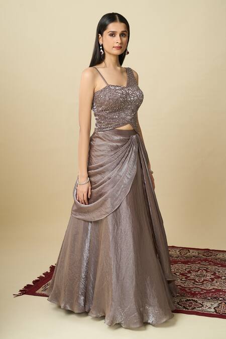 Alaya Advani_Purple Crepe Embroidery, Sequins One Shoulder Blouse And Draped Lehenga Set _at_Aza_Fashions