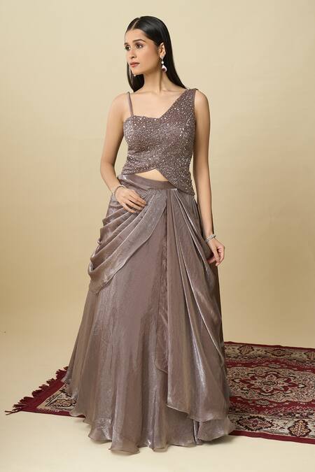 Buy_Alaya Advani_Purple Crepe Embroidery, Sequins One Shoulder Blouse And Draped Lehenga Set 