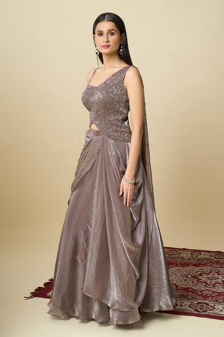 Shop_Alaya Advani_Purple Crepe Embroidery, Sequins One Shoulder Blouse And Draped Lehenga Set 