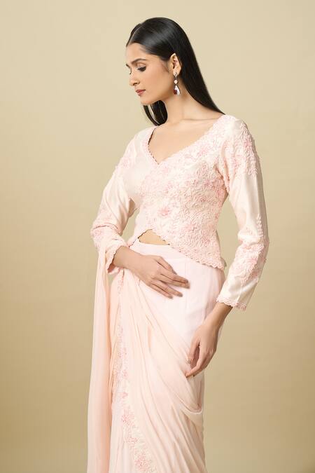 Alaya Advani_Pink Crepe Embroidery V-neck Pre-draped Layered Saree With Top _Online_at_Aza_Fashions