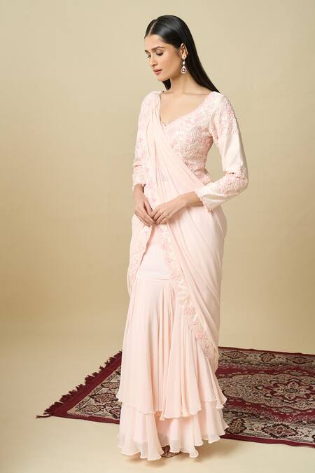 Buy_Alaya Advani_Pink Crepe Embroidery V-neck Pre-draped Layered Saree With Top _Online_at_Aza_Fashions