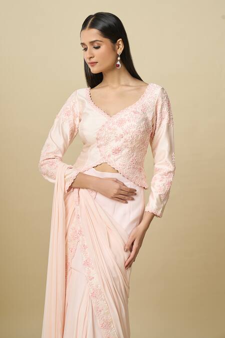 Alaya Advani_Pink Crepe Embroidery V-neck Pre-draped Layered Saree With Top _at_Aza_Fashions