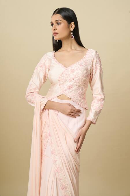 Buy_Alaya Advani_Pink Crepe Embroidery V-neck Pre-draped Layered Saree With Top 
