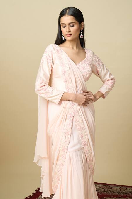 Shop_Alaya Advani_Pink Crepe Embroidery V-neck Pre-draped Layered Saree With Top 