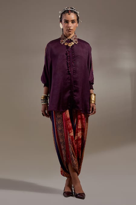 Buy_Aseem Kapoor_Purple Crinkle Embroidery Collared Mandala Pattern Shirt 