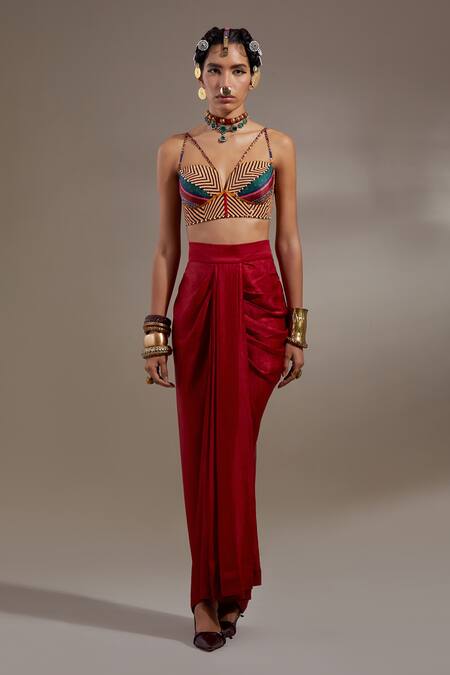 Shop Aseem Kapoor Red Silk, Cotton Tassels, Beads, Embroidery Veni Pattern Jacket And Skirt Set Online at Aza Fashions Shop_Aseem Kapoor_Red Silk, Cotton Tassels, Beads, Embroidery Veni Pattern Jacket And Skirt Set _Online_at_Aza_Fashions