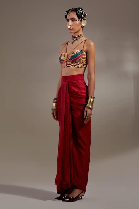 Buy Aseem Kapoor Red Silk, Cotton Tassels, Beads, Embroidery Veni Pattern Jacket And Skirt Set Buy_Aseem Kapoor_Red Silk, Cotton Tassels, Beads, Embroidery Veni Pattern Jacket And Skirt Set