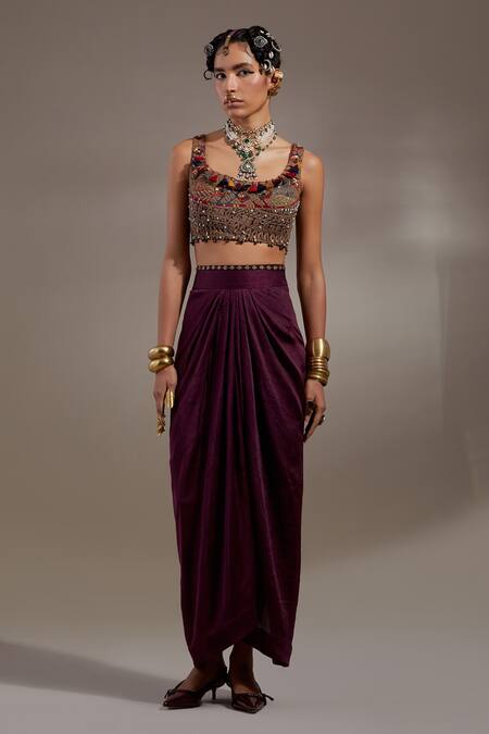 Shop Aseem Kapoor Black Silk, Cotton Embroidery, Beads, Veni Tribal Pattern Jacket And Skirt Set Online at Aza Fashions Shop_Aseem Kapoor_Black Silk, Cotton Embroidery, Beads, Veni Tribal Pattern Jacket And Skirt Set _Online_at_Aza_Fashions