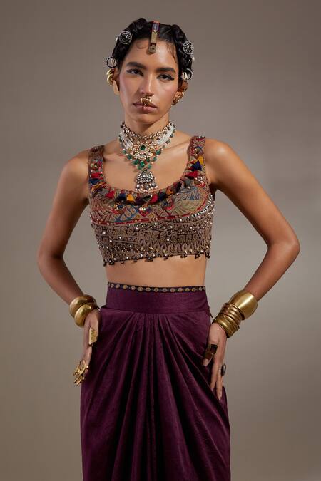 Shop Aseem Kapoor Black Silk, Cotton Embroidery, Beads, Veni Tribal Pattern Jacket And Skirt Set Shop_Aseem Kapoor_Black Silk, Cotton Embroidery, Beads, Veni Tribal Pattern Jacket And Skirt Set