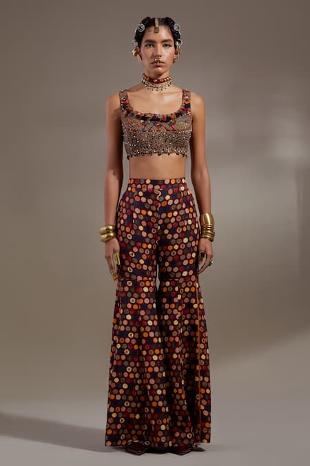 Aseem Kapoor_Burgundy Silk, Cotton, Crepe Veni Tribal Pattern Jacket And Trouser Set _Online_at_Aza_Fashions
